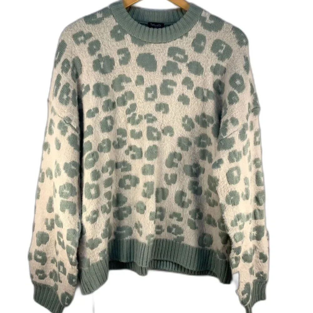 Womens Splendid Sage Leopard Crew Neck Sweater Soft Relaxed Size Large